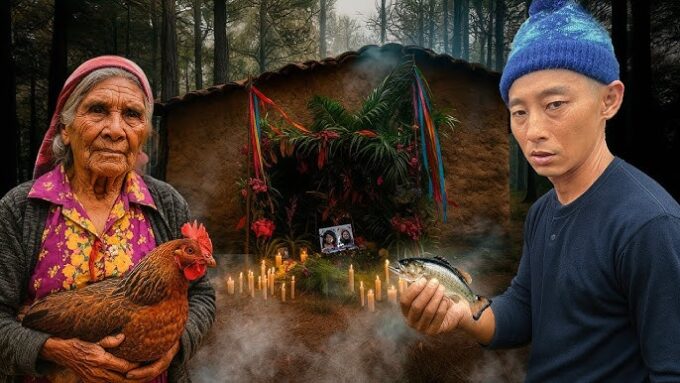 Mujer mayor y hombre joven con gorro azul sosteniendo ofrendas de pollo y pescado frente a un altar con velas y flores en un ritual tradicional.