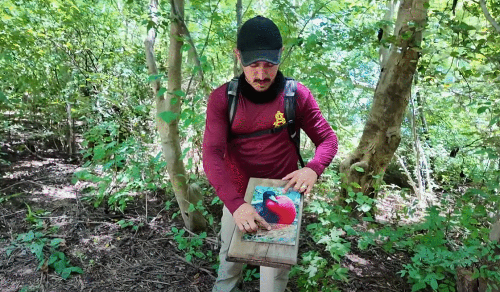 Hombre con gorra y mochila sosteniendo un cartel con un corazón rojo en un sendero boscoso de Honduras.
