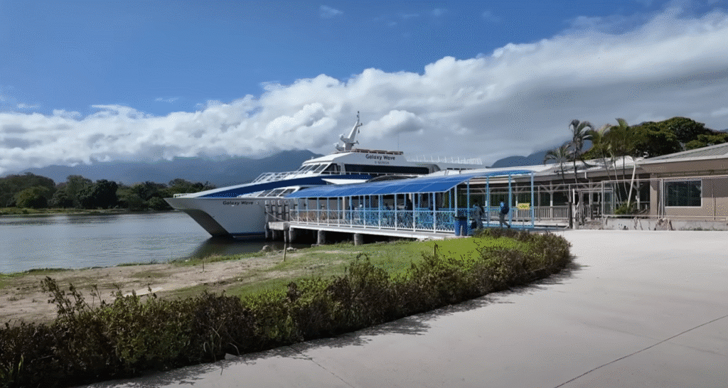Ferry o catamarán blanco y azul atracado en un muelle con pasarela cubierta de techo azul en un entorno natural de Roatán