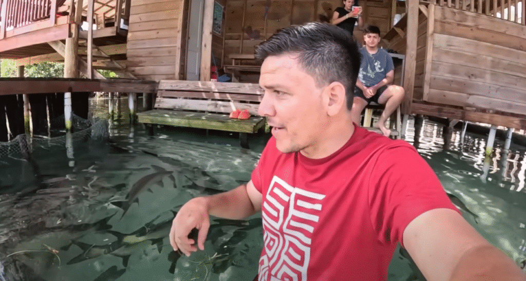 Hombre con camiseta roja observa peces en una piscina natural bajo un muelle de madera en Roatán, mientras otra persona se sienta al fondo.