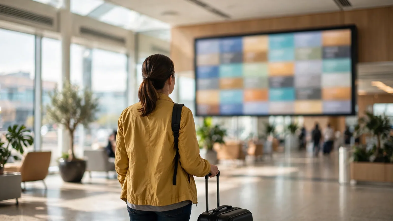 Viajera mirando una pantalla de salidas genérica en el aeropuerto