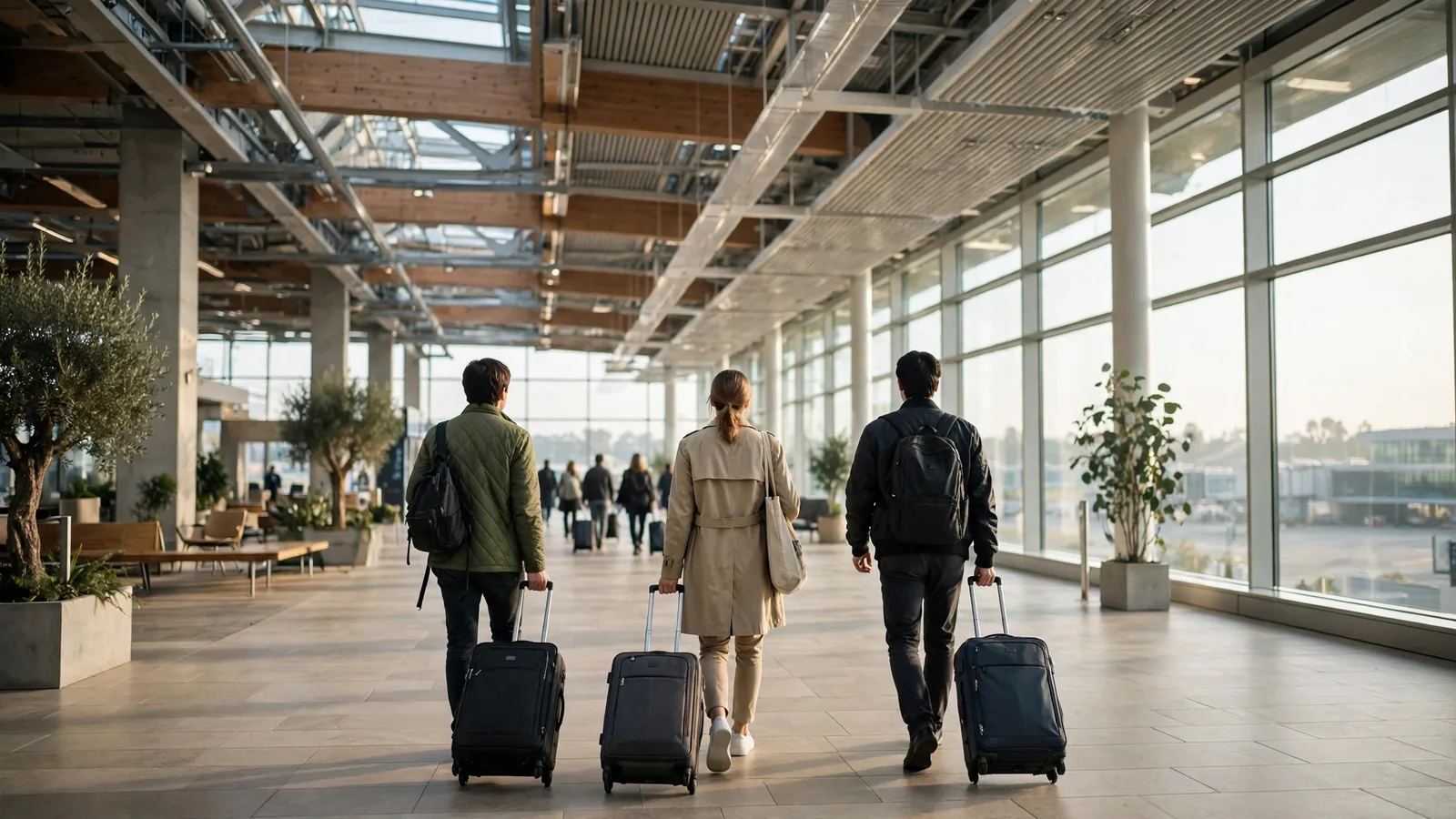 Viajeros con maletas caminando dentro de una terminal amplia y luminosa