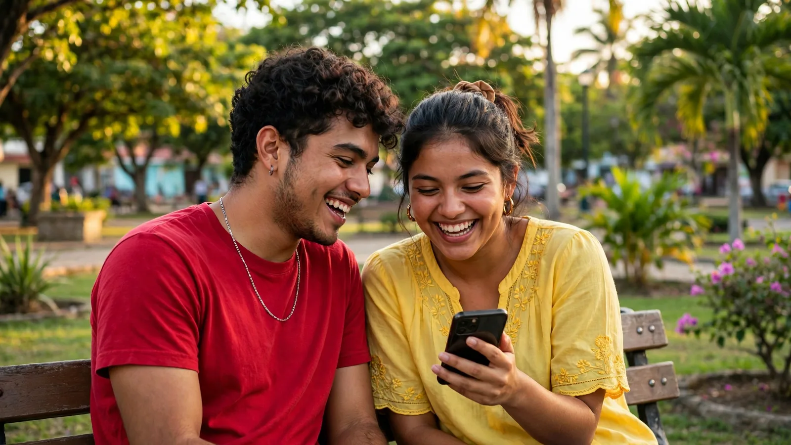 Pareja de jóvenes revisando un celular en una banca del parque