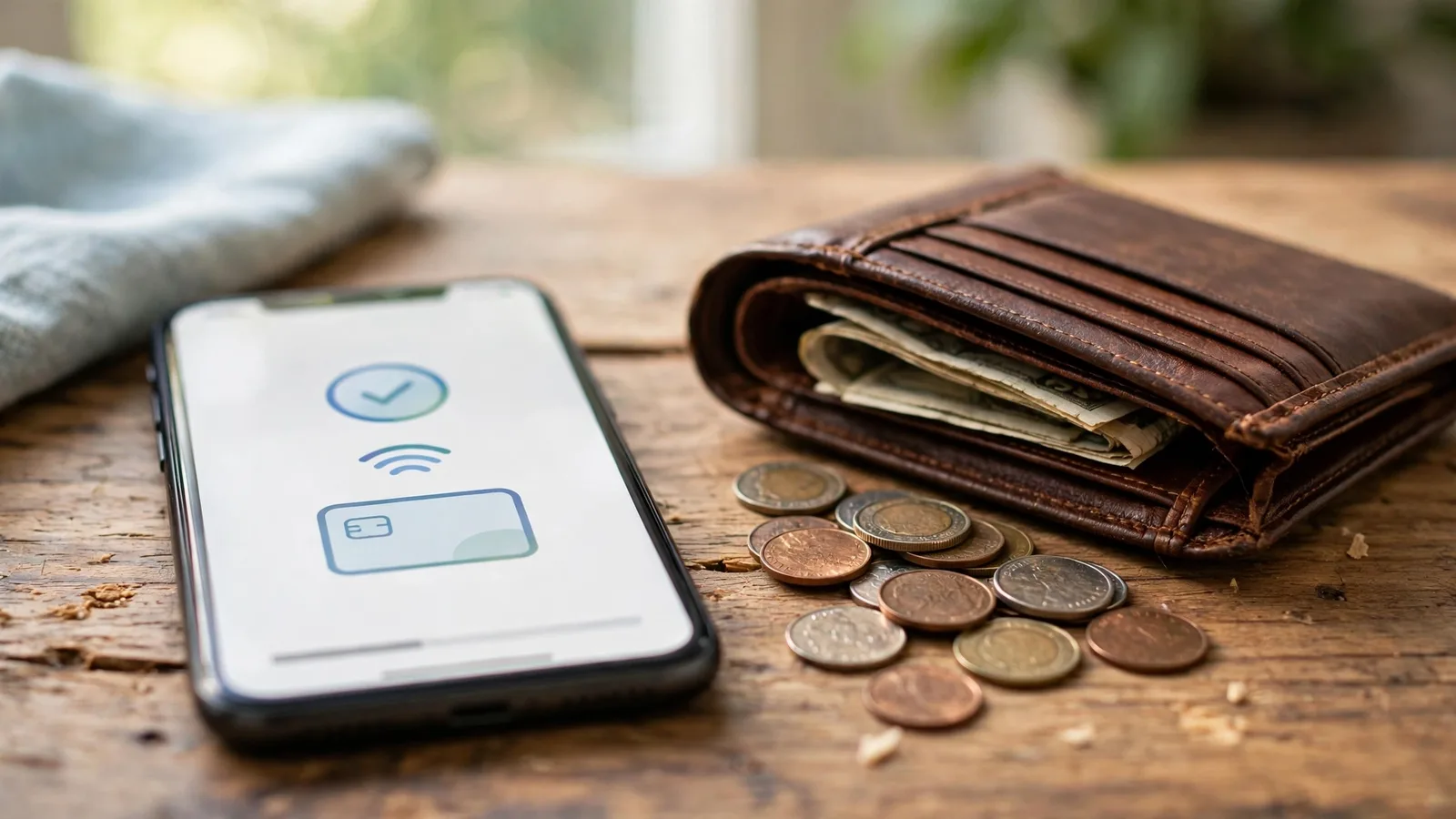 Celular con pago móvil junto a una billetera y monedas