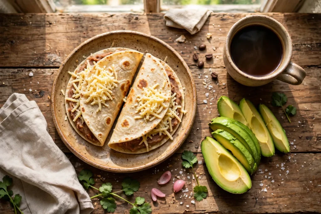 Plato de baleadas con queso rallado, café y aguacate en mesa rústica