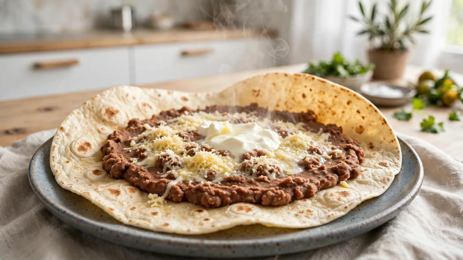 Baleada abierta con frijoles, queso y crema humeante