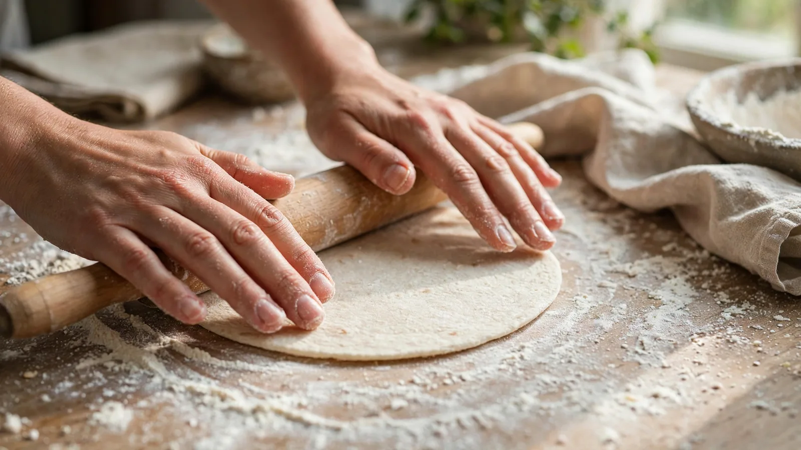 Manos estirando una tortilla de harina con rodillo sobre mesa enharinada