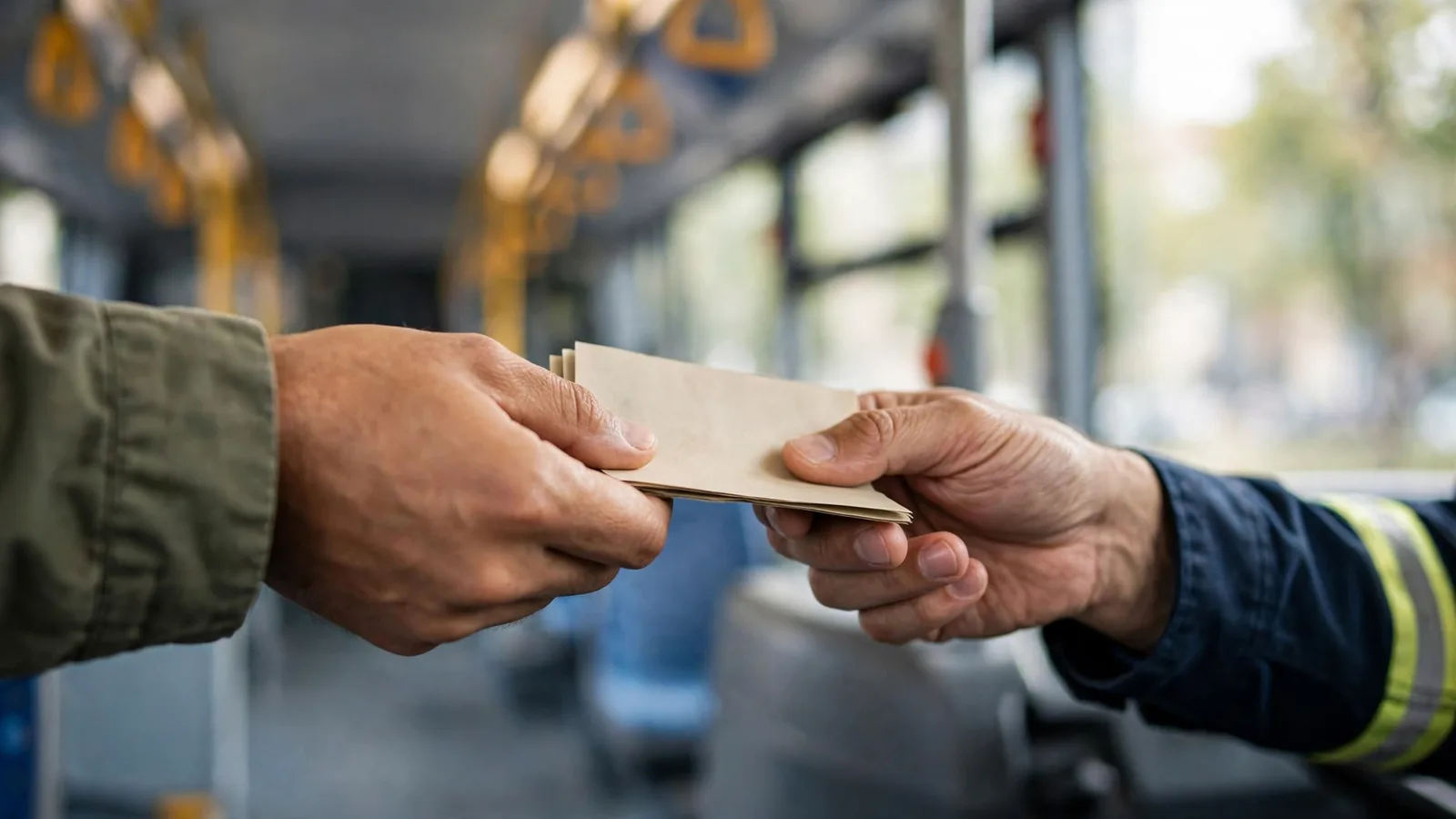 Mano entregando el pago del pasaje dentro del bus