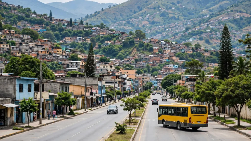 Bus amarillo circulando por una avenida de Tegucigalpa