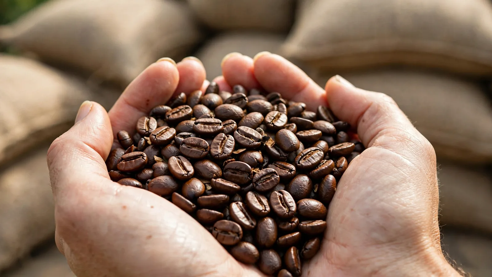 Manos sosteniendo granos de café tostados