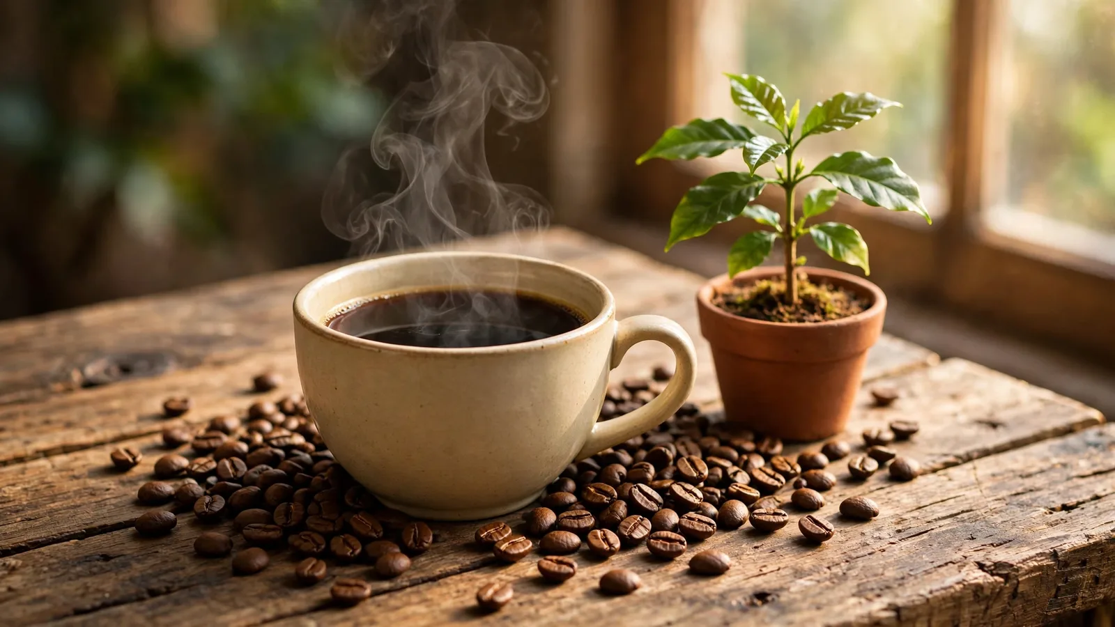 Taza de café humeante con granos sobre una mesa de madera