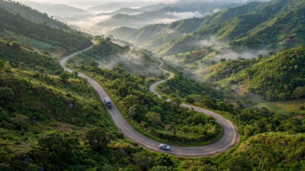 Carretera con curvas entre montañas verdes y niebla en Honduras