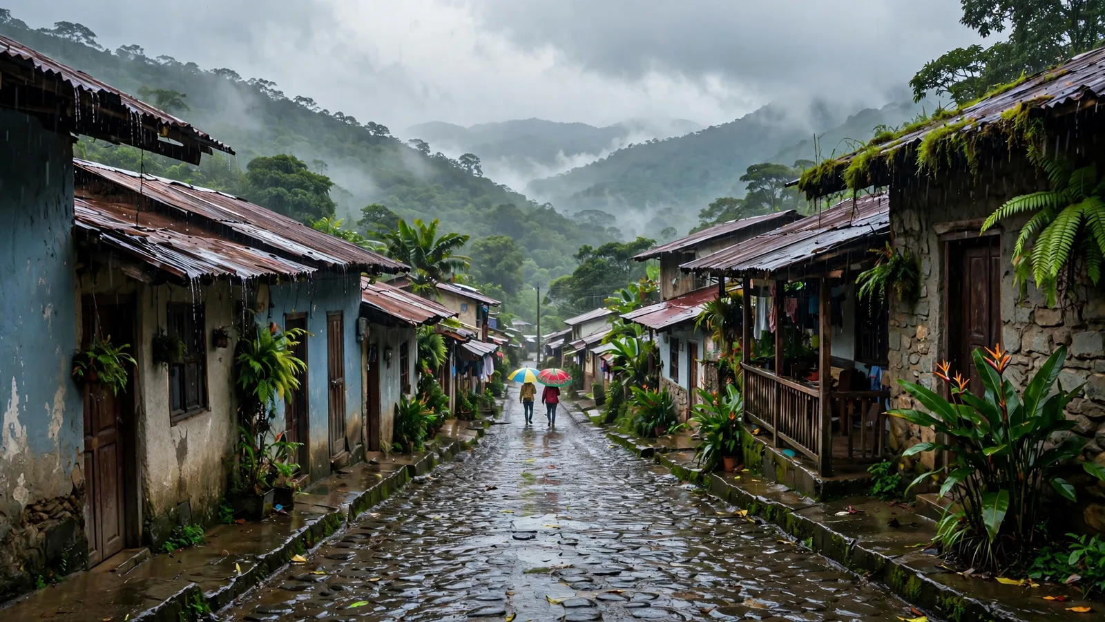 Calle de pueblo de montaña bajo lluvia suave con personas con paraguas