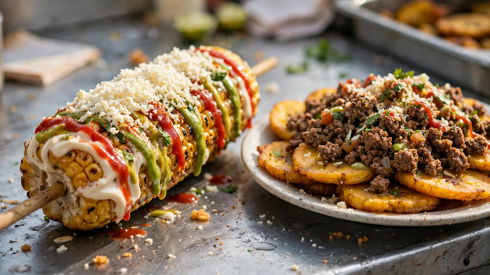 Elote loco con salsas y queso junto a un plato de tajadas con carne molida