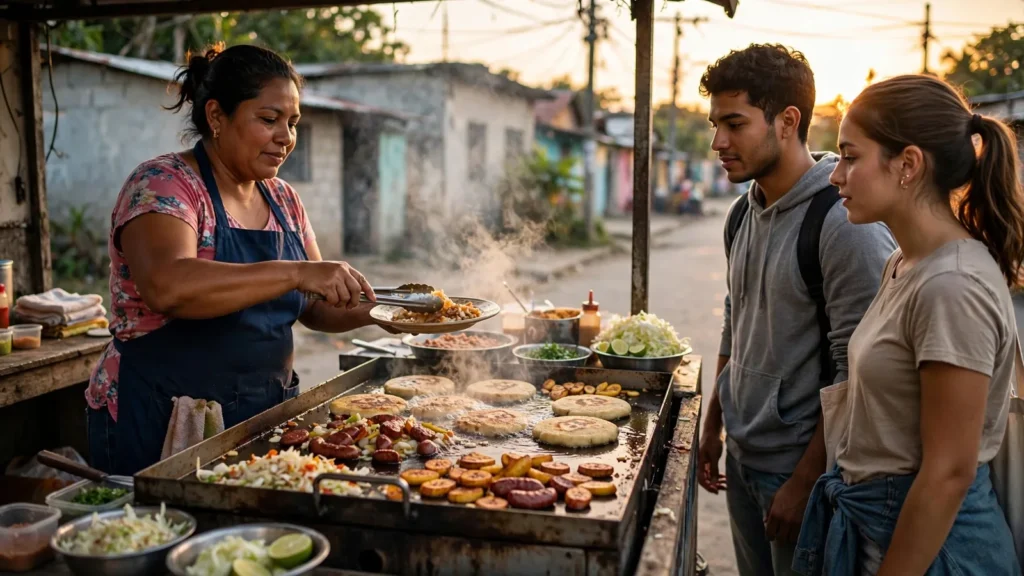 Vendedora cocinando en la plancha de un puesto callejero mientras atiende clientes