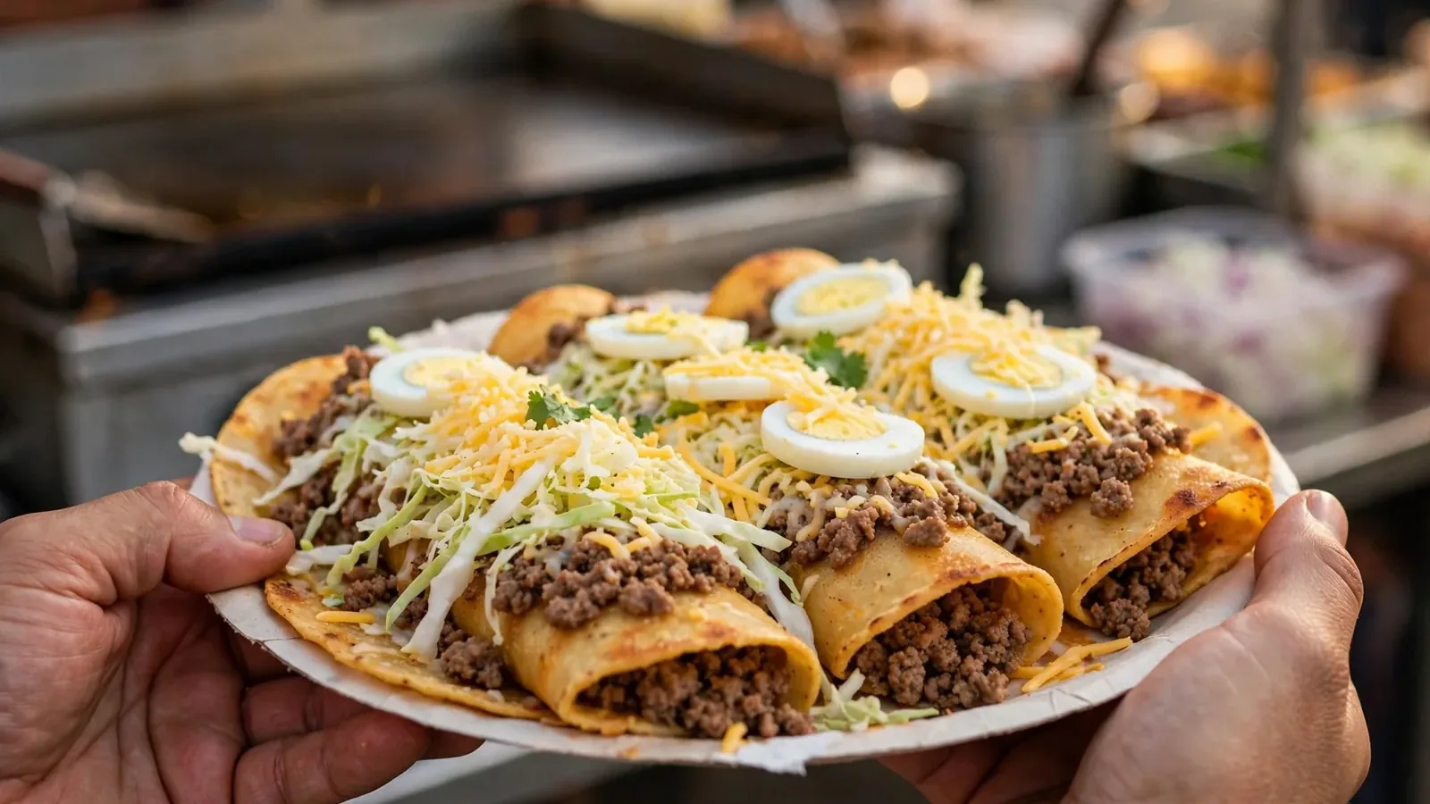 Plato de tacos hondureños con carne, repollo, queso y huevo en las manos