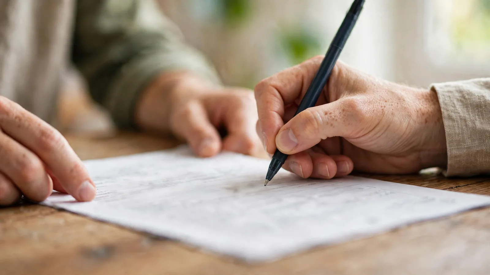Mano llenando un formulario con bolígrafo sobre una mesa