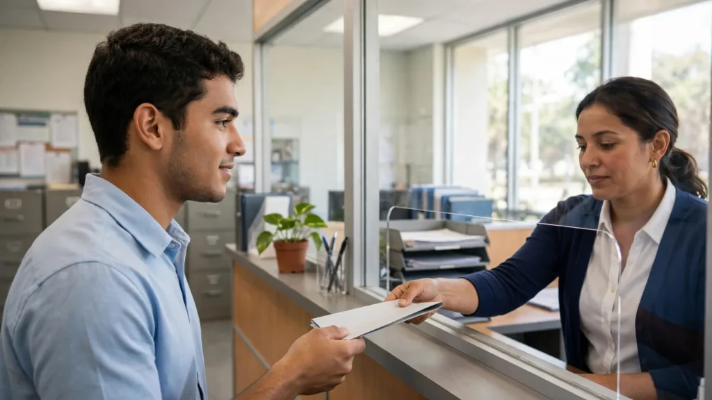 Joven recibiendo un documento en la ventanilla de una oficina