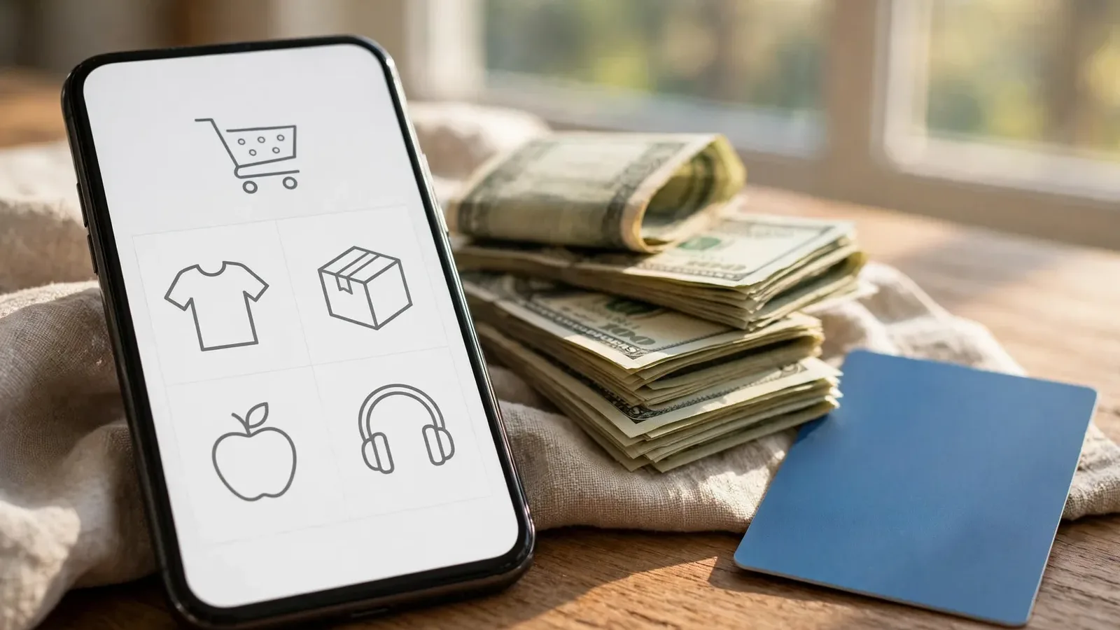 Celular con tienda en línea junto a billetes y una tarjeta