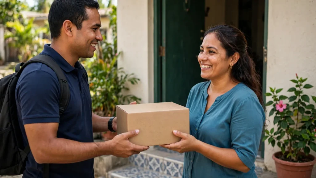 Mujer recibiendo una caja de un repartidor en la puerta de su casa