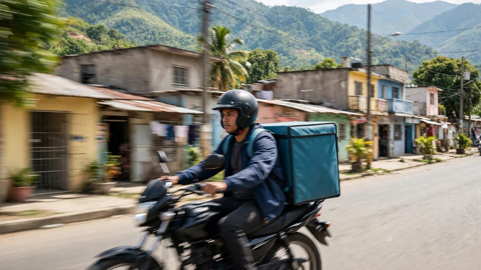 Repartidor en moto con mochila de entregas en una calle de pueblo