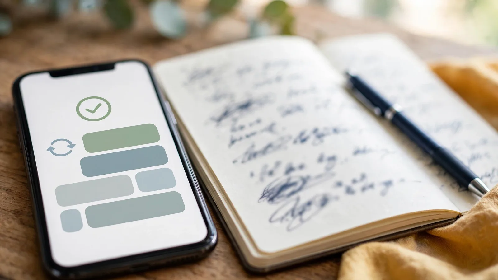 Celular con confirmación de transferencia junto a una libreta de cuentas
