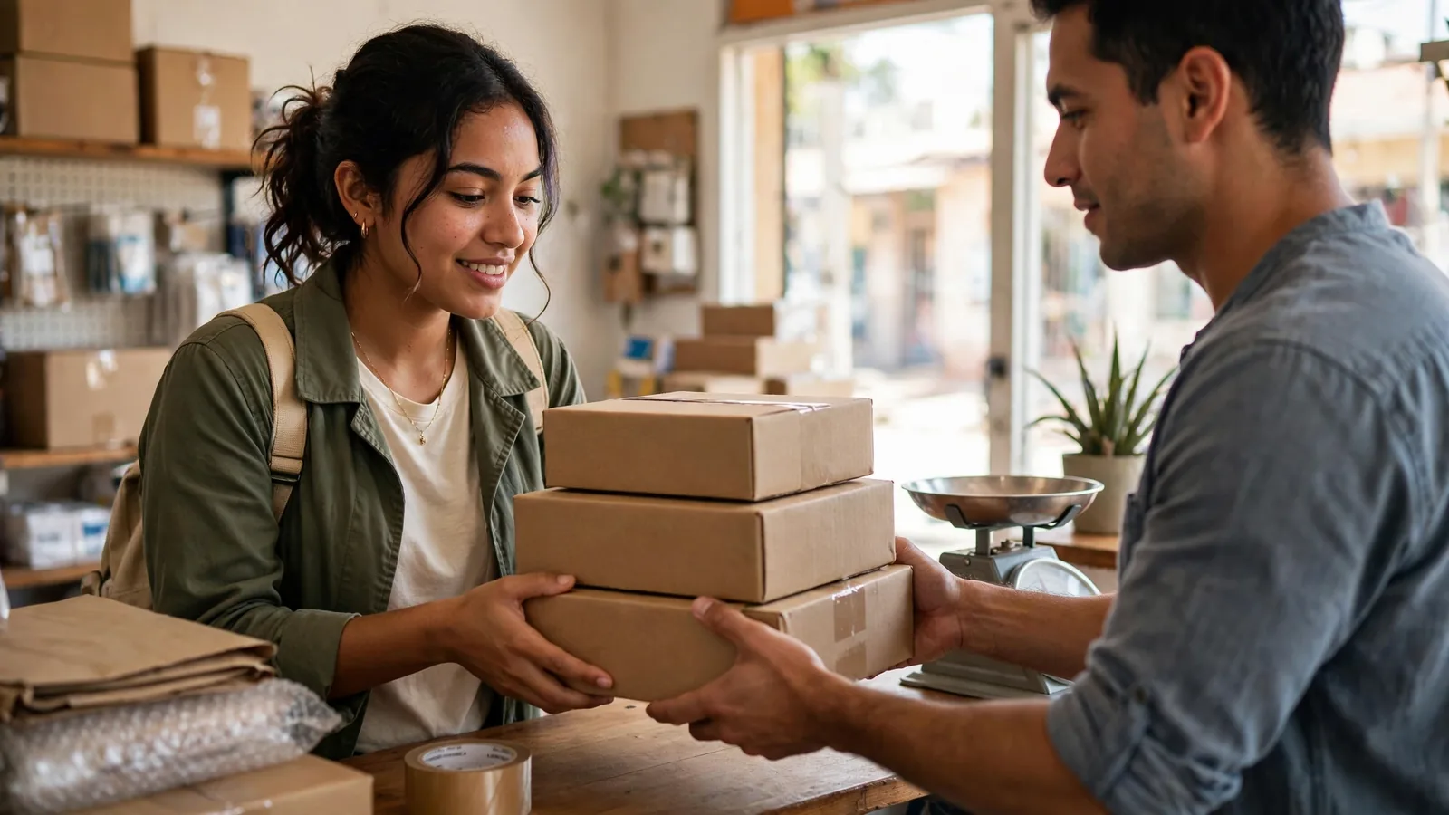 Emprendedora entregando paquetes en el mostrador de una mensajería