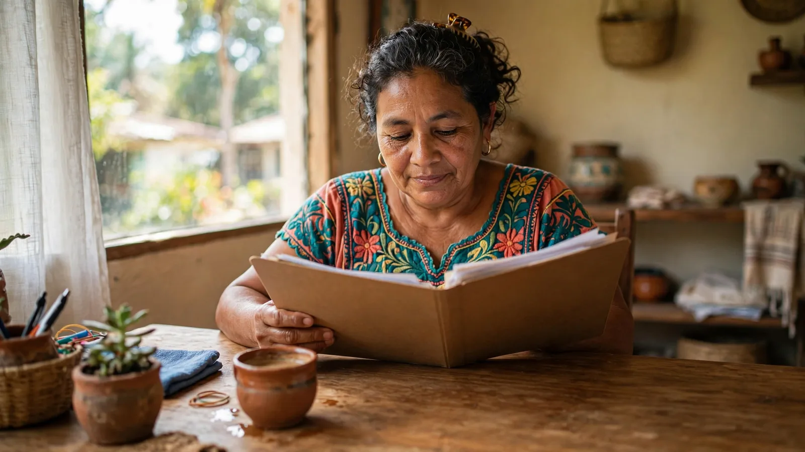 Señora revisando su carpeta de documentos en la mesa de su casa