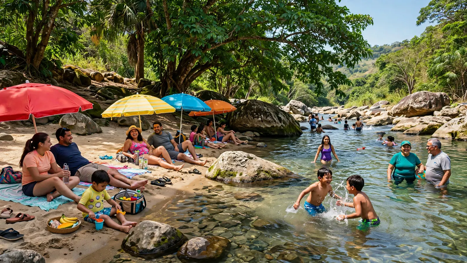 Familias bañándose en un balneario de río con sombrillas de colores