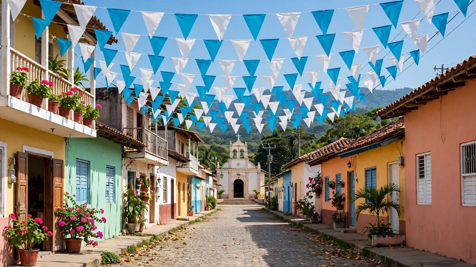 Calle de pueblo decorada con banderines azul y blanco