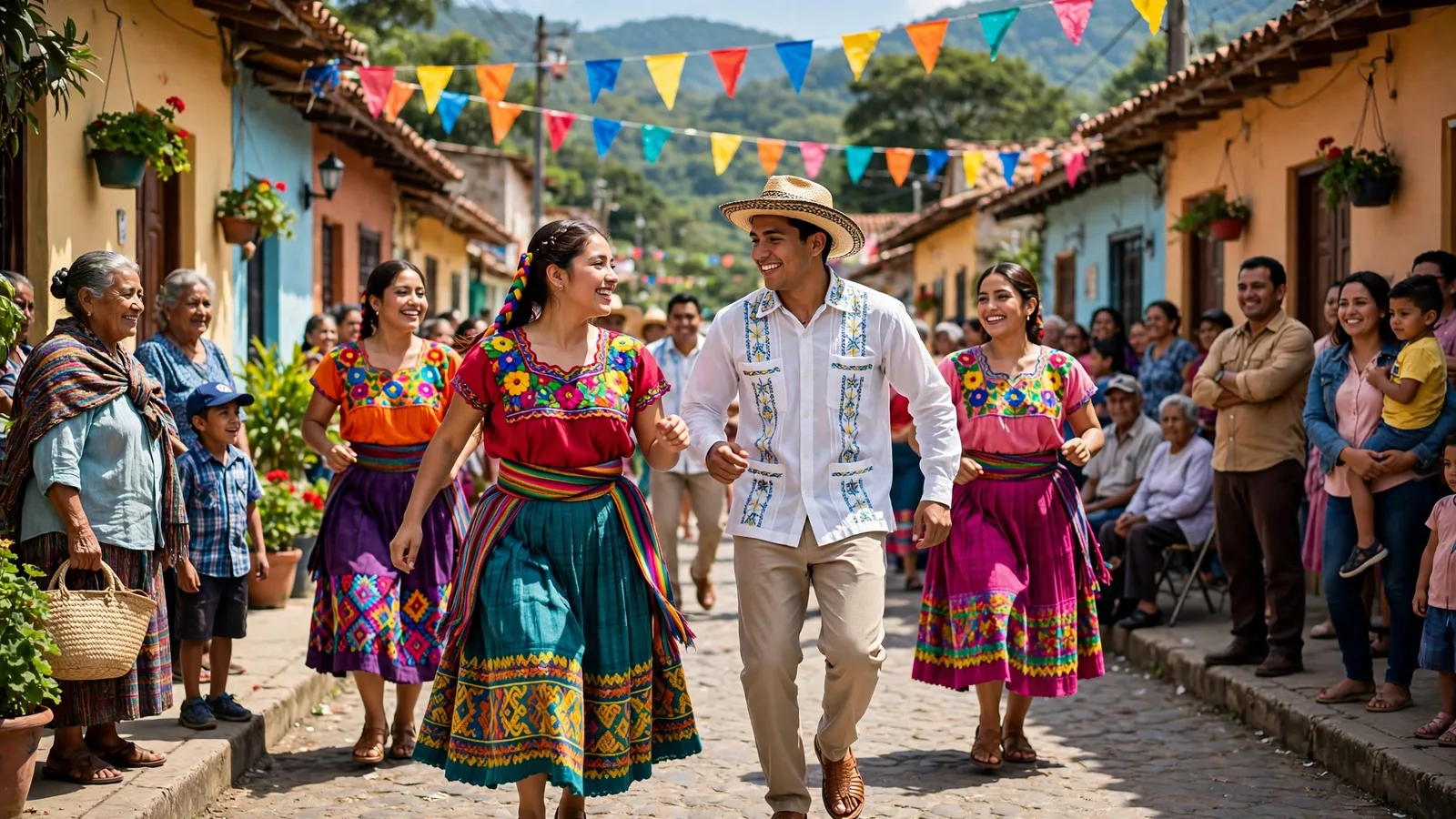 Desfile patronal con bailarines de trajes típicos de colores en una calle de pueblo
