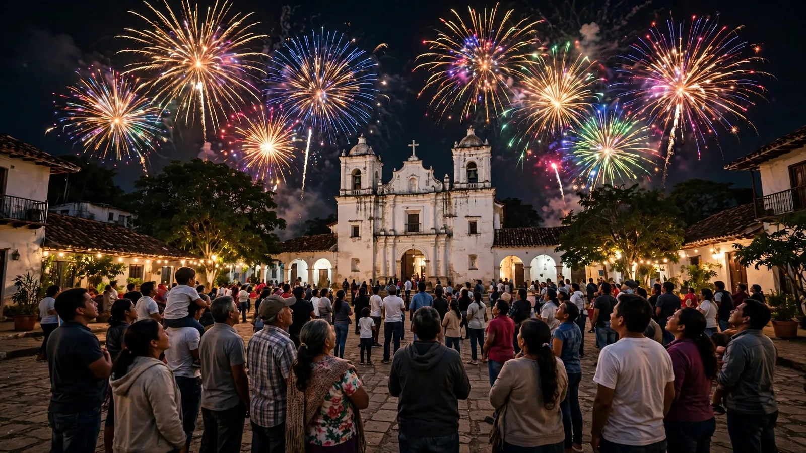Fuegos artificiales sobre la plaza de un pueblo con su iglesia blanca