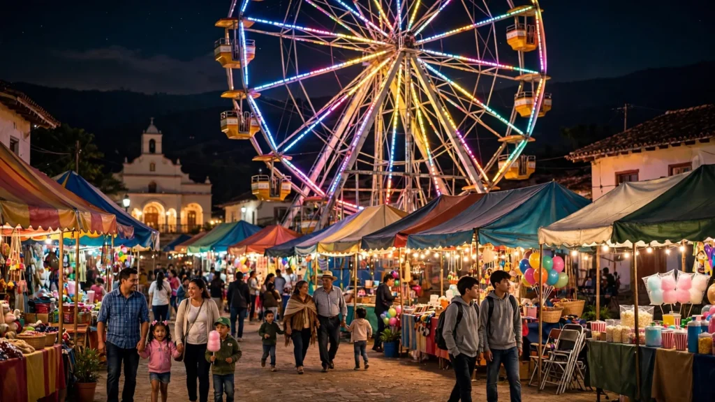 Feria de pueblo de noche con una rueda de Chicago iluminada