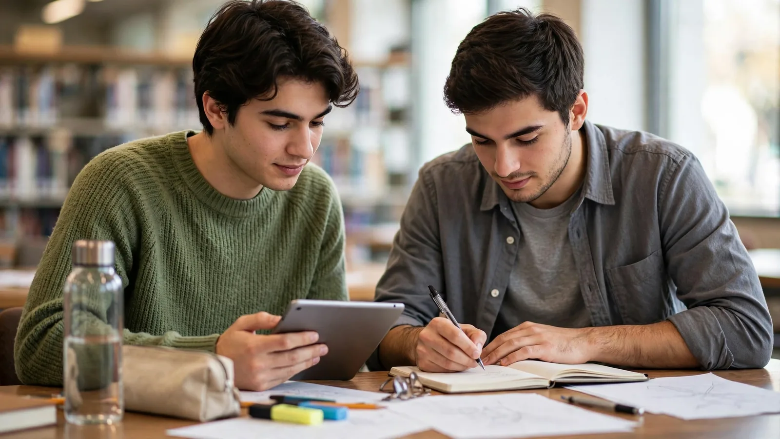 Dos estudiantes con una tablet y un cuaderno en una biblioteca