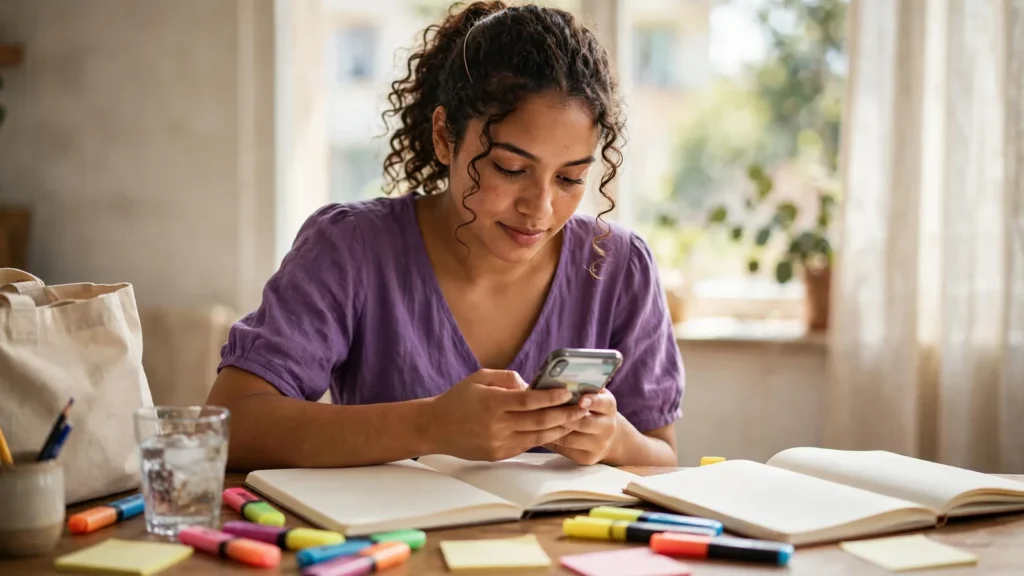 Estudiante revisando su celular junto a cuadernos y marcadores
