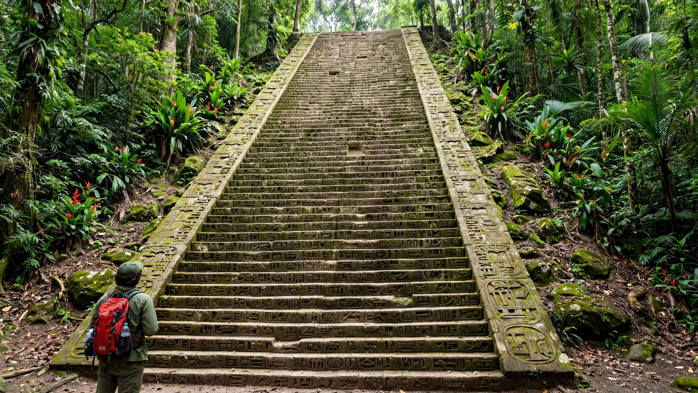 Escalinata de los Jeroglíficos de Copán vista desde abajo con un visitante en la base