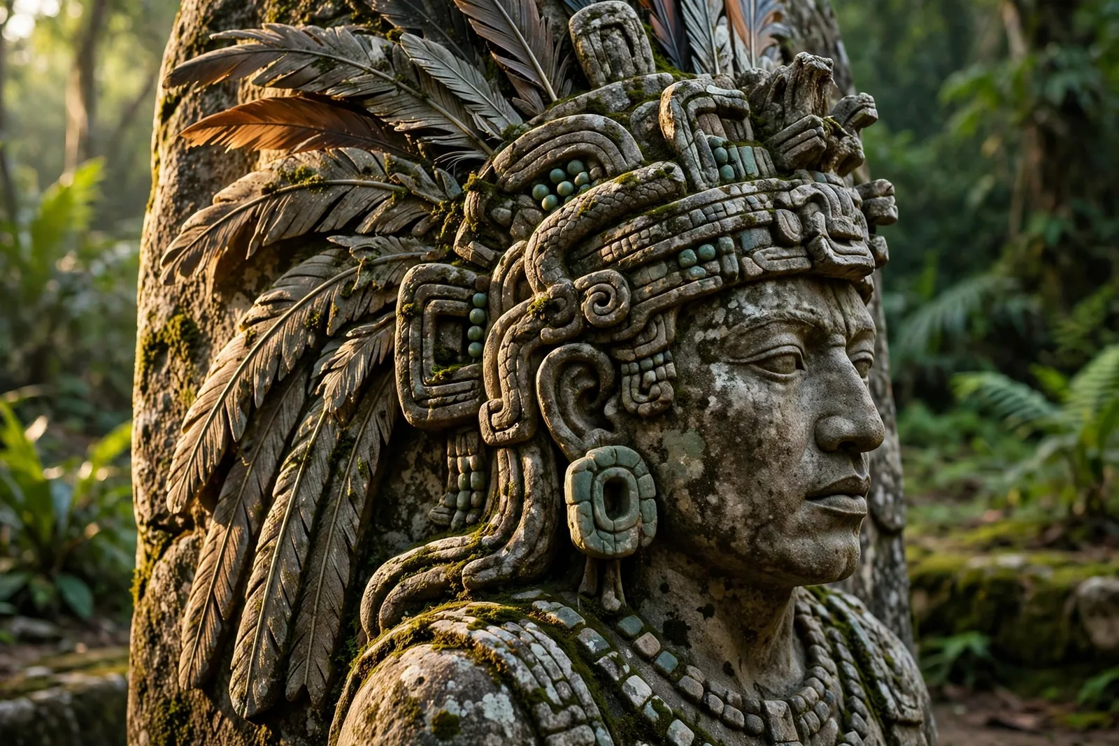 Primer plano del perfil tallado de un rey maya en una estela de Copán