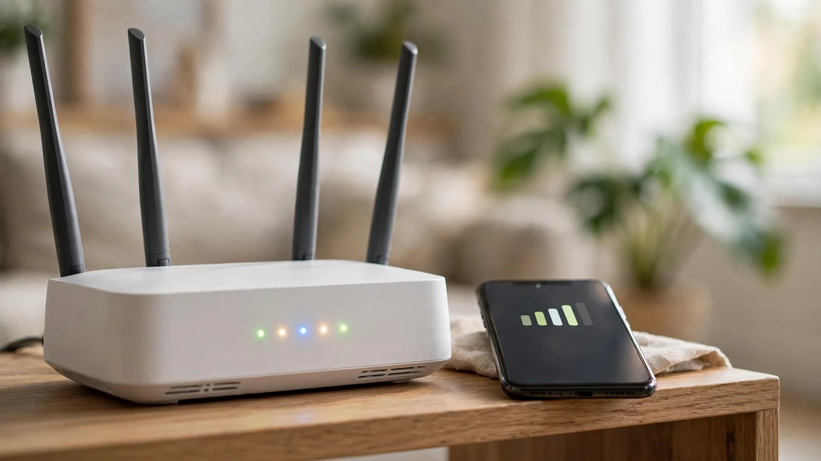 Router wifi con luces encendidas junto a un celular con señal
