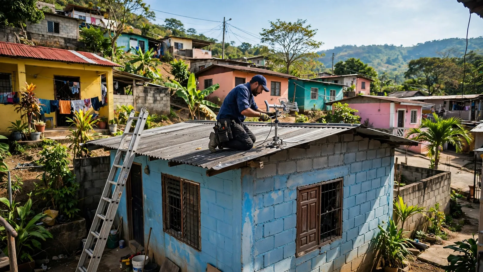 Técnico instalando una antena en el techo de una casa de barrio