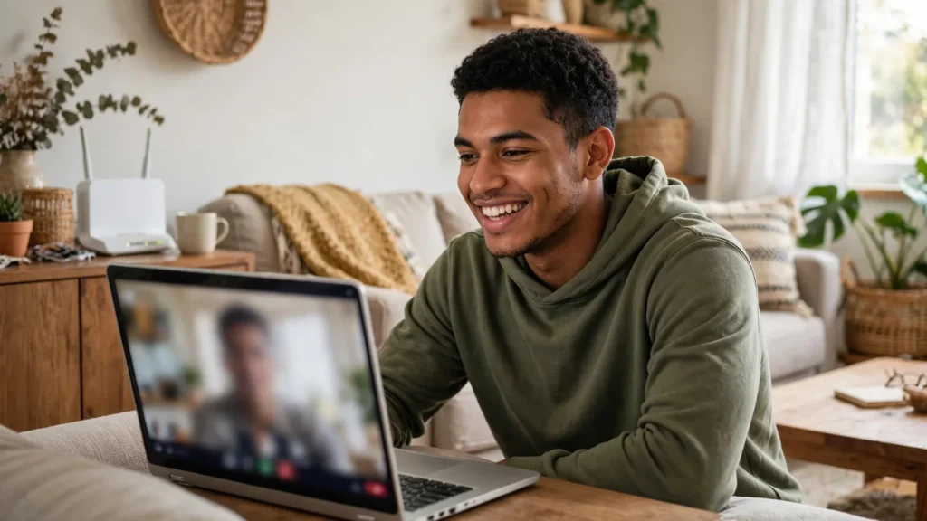 Joven en videollamada en su laptop con un router en la sala