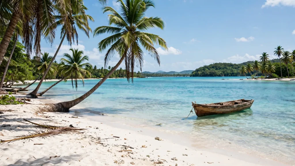 Playa de arena blanca y agua turquesa con una lancha anclada en Roatán