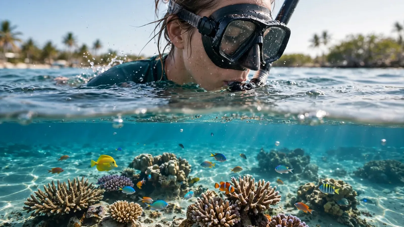 Persona haciendo snorkel sobre corales y peces de colores