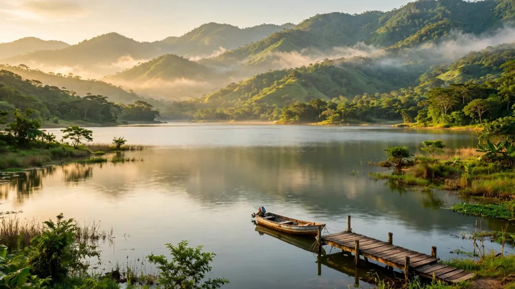 Lago de Yojoa al amanecer con muelle de madera y una lancha