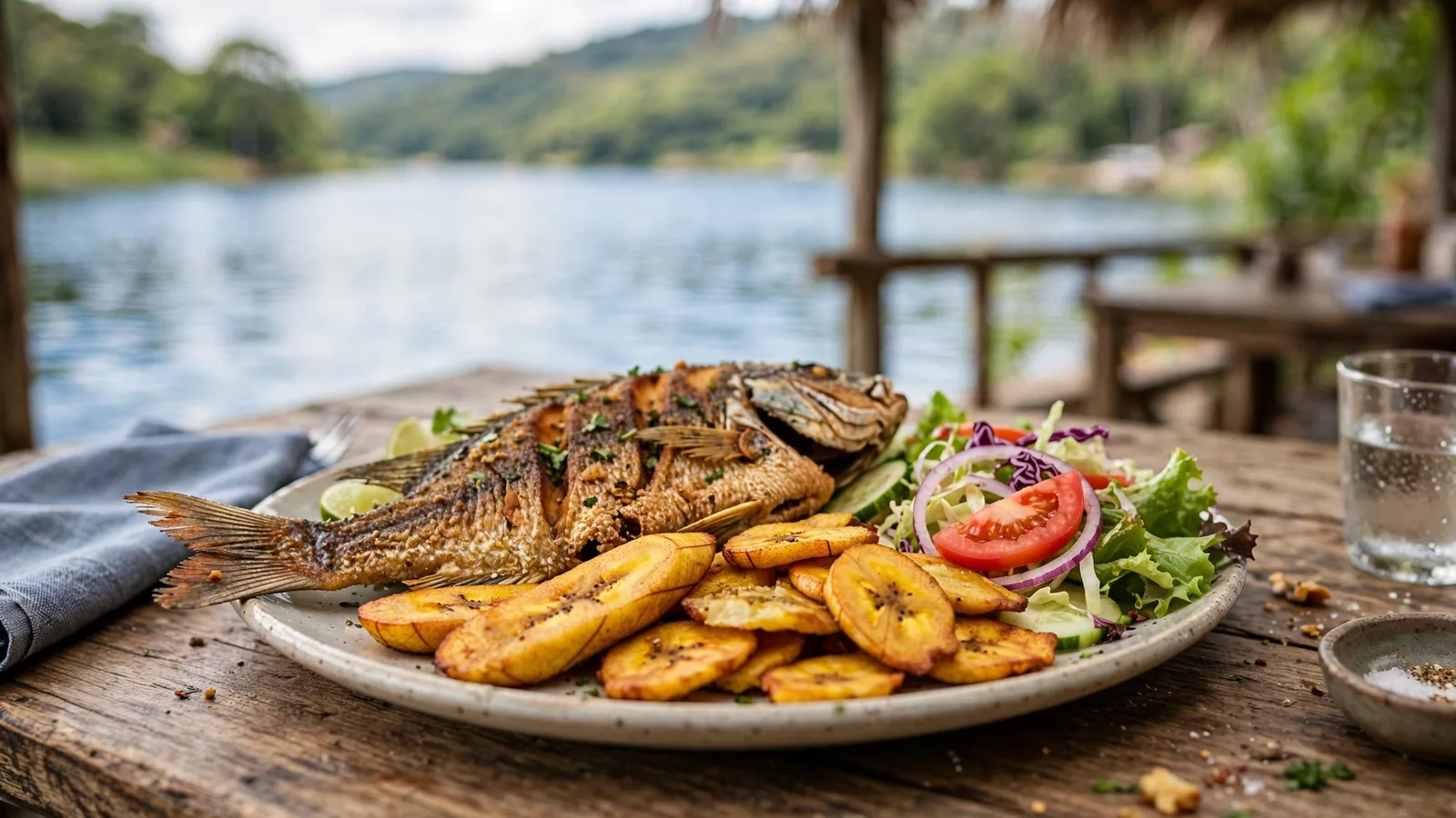 Plato de pescado frito con tajadas y ensalada frente al Lago de Yojoa