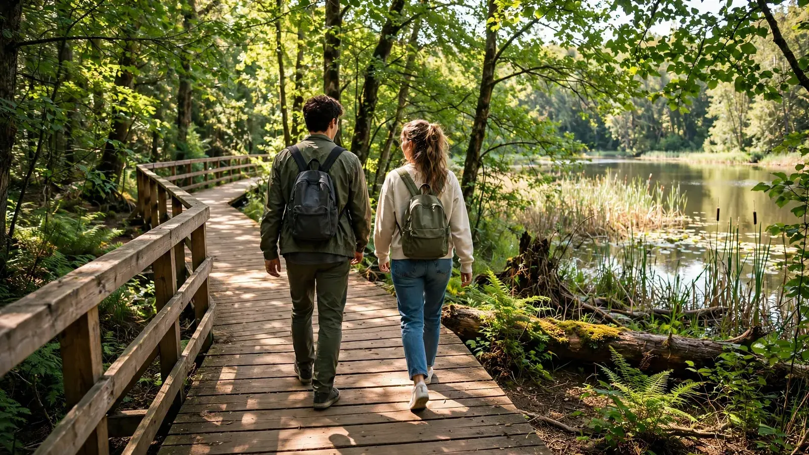 Pareja caminando por un sendero de madera junto al Lago de Yojoa