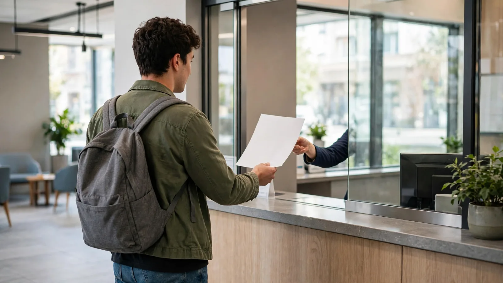 Persona pagando en la ventanilla de un banco vista de espaldas