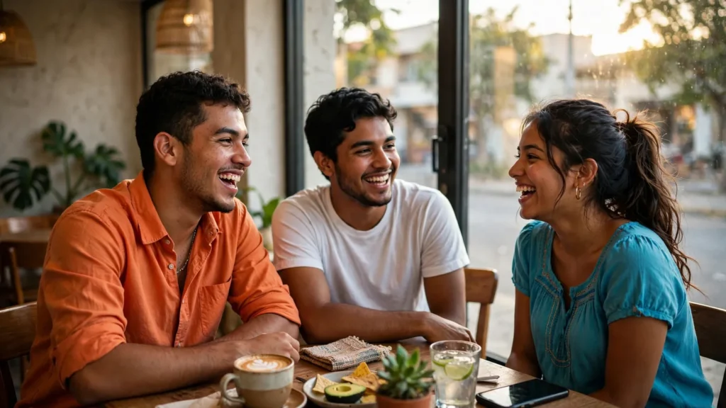 Tres amigos riendo y conversando en un café