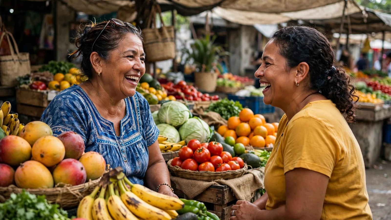 Dos mujeres conversando y riendo en un puesto del mercado