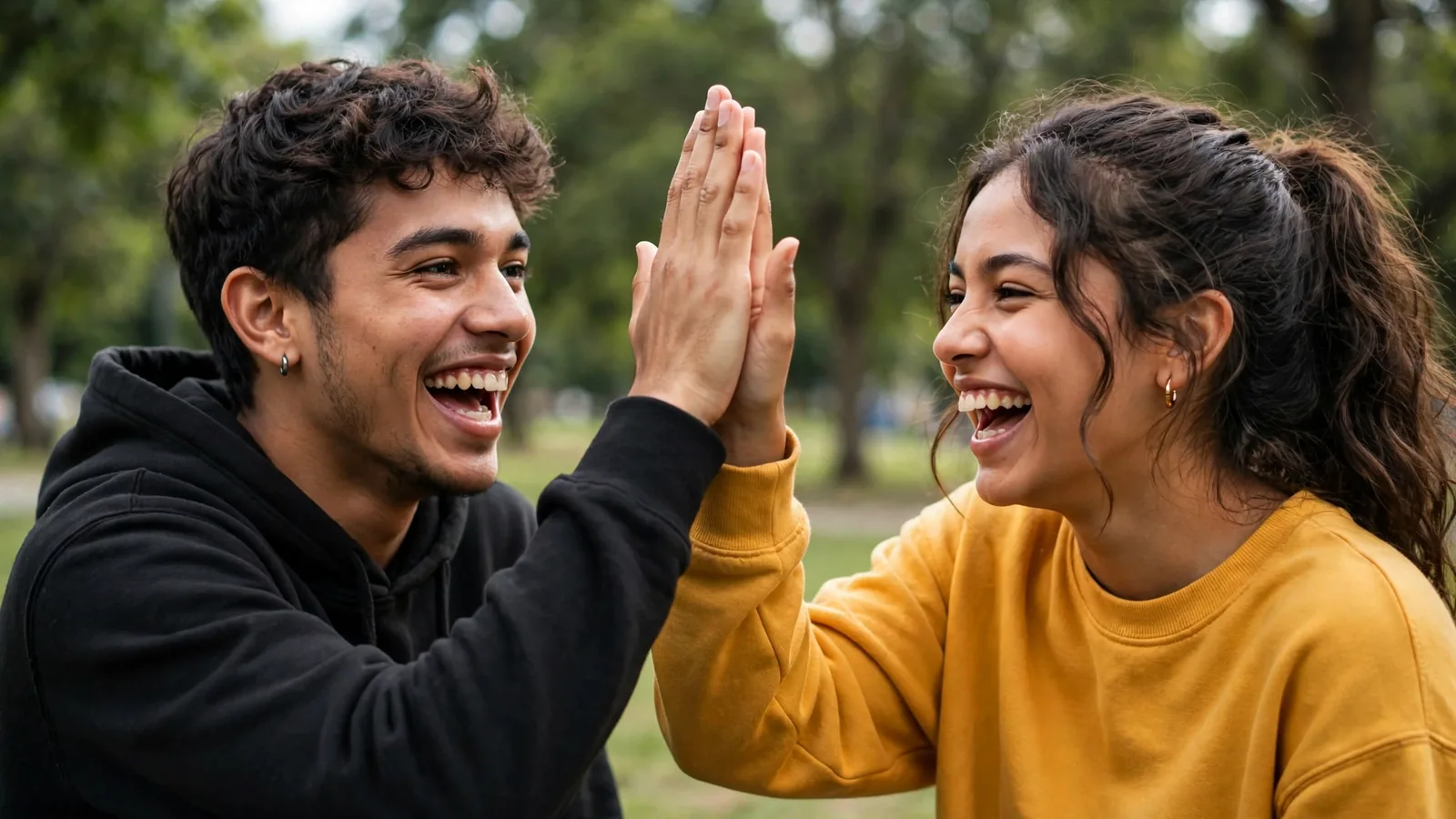 Joven y joven chocando las manos y riendo en un parque
