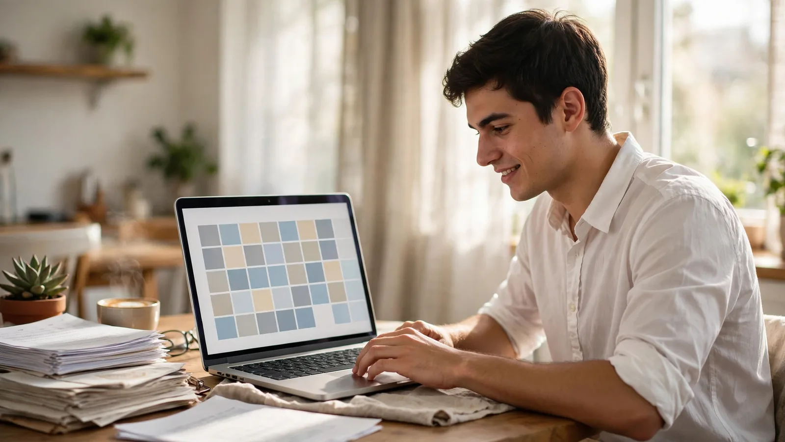 Joven completando la cita del pasaporte en una laptop en casa